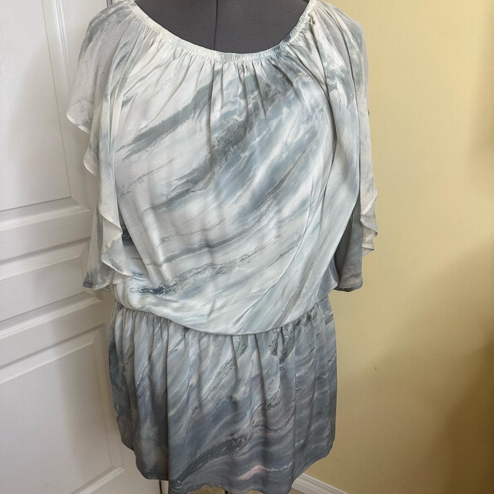 Gypsy 05 made in Hollywood 100% silk Elegant Blue and Gray Off-Shoulder Dress